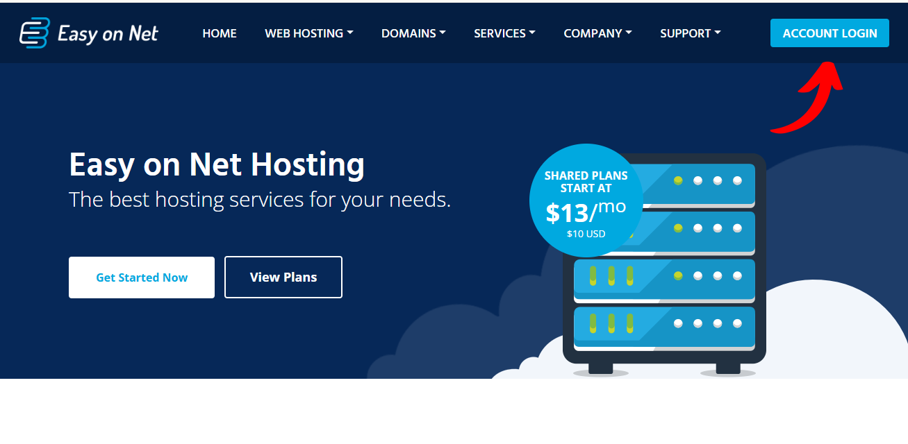 Easy on Net homepage showing Account Login link