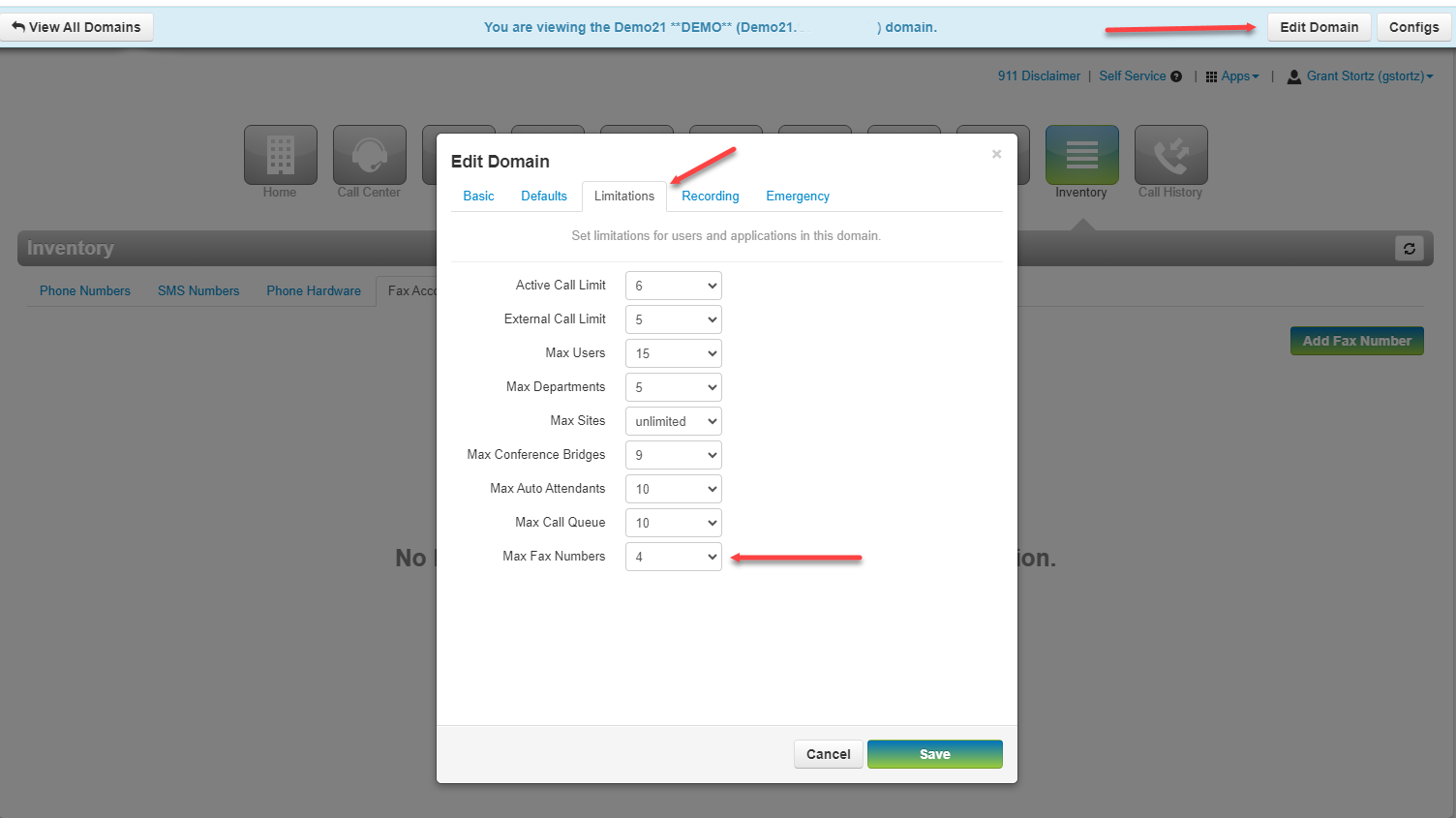 VoiceFlow domain configuration screen showing fax number limits