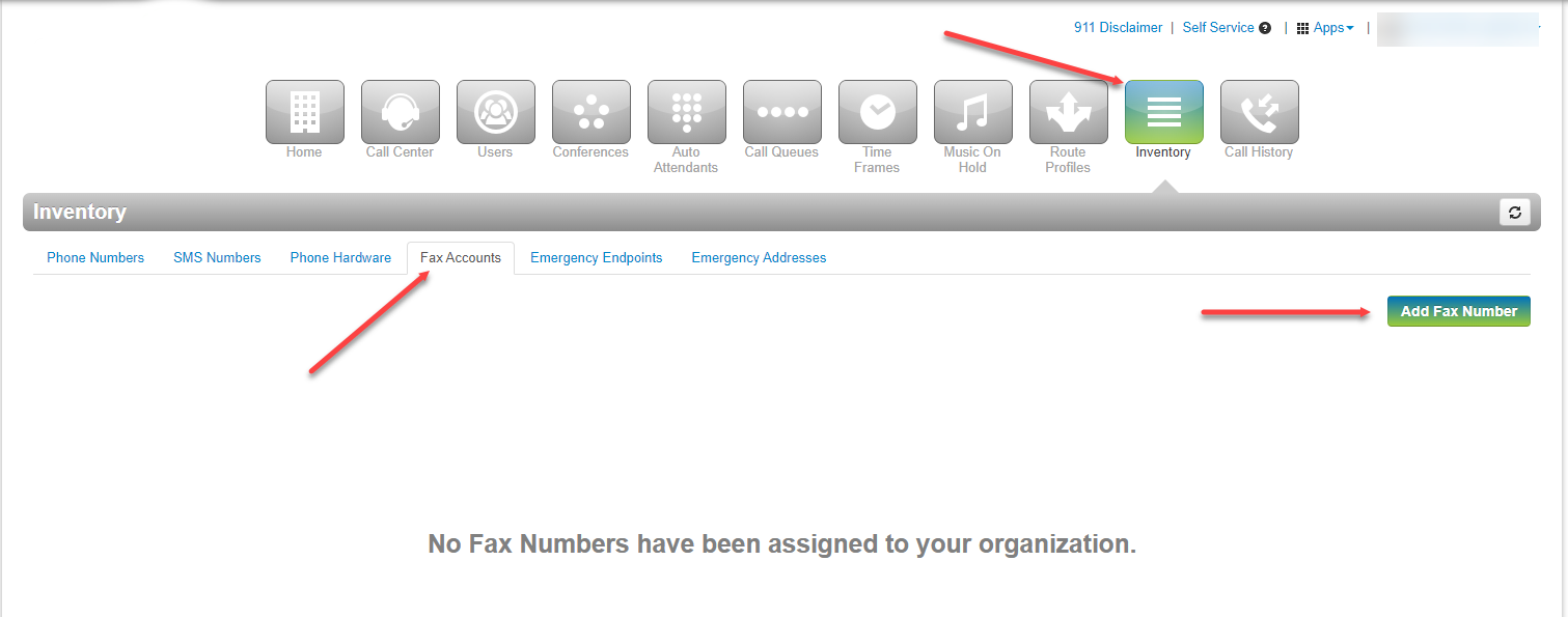 VoiceFlow inventory screen showing the Fax Accounts tab and Add Fax Number button