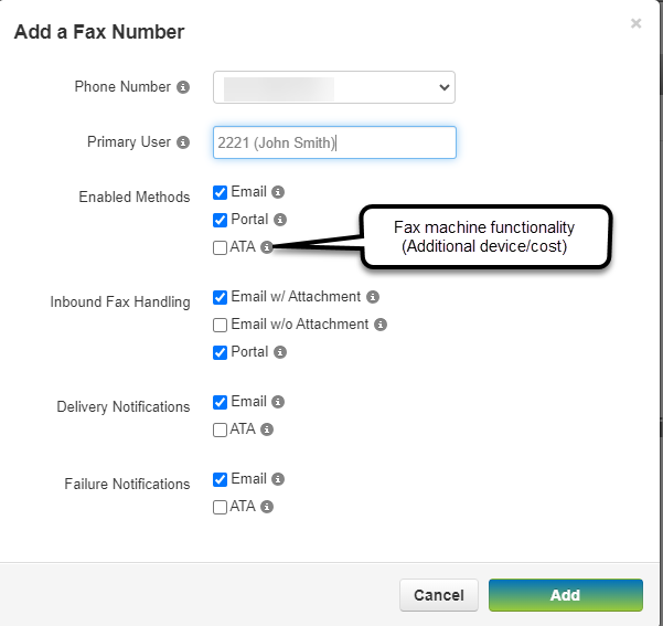 VoiceFlow Add a Fax Number screen showing email delivery, portal access, and notification settings