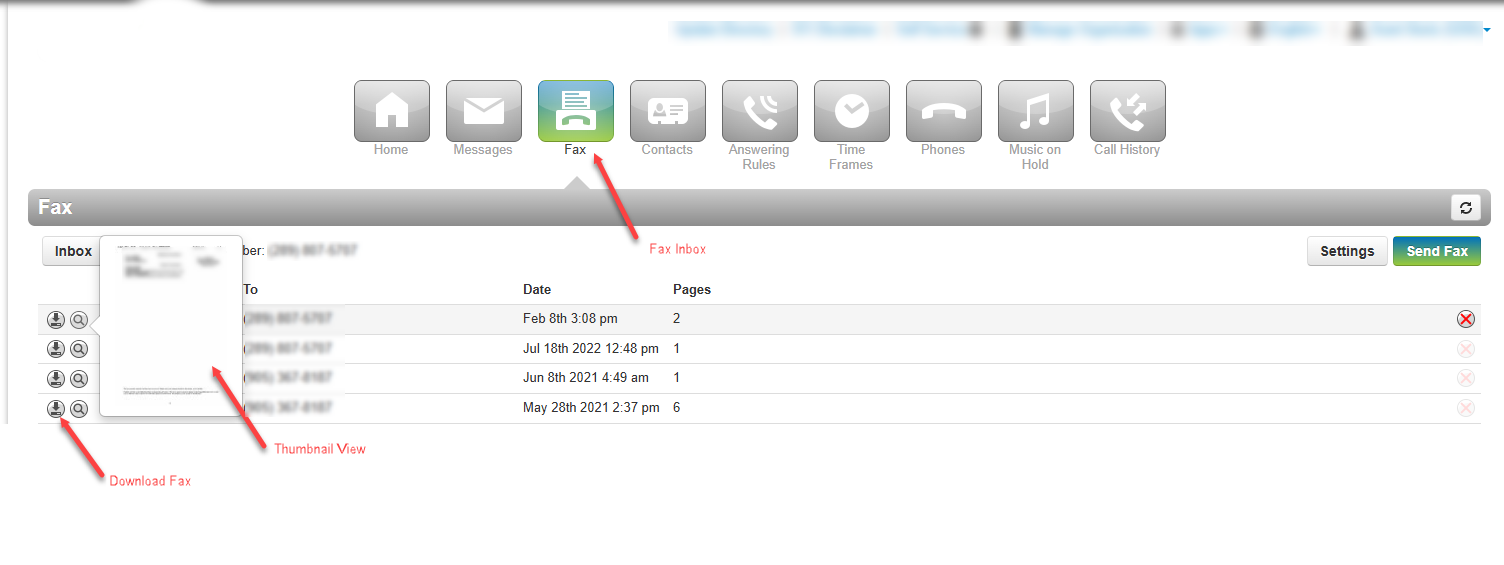 VoiceFlow Fax Inbox showing received faxes, thumbnail preview, and download controls