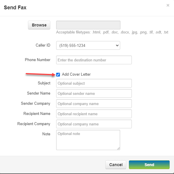 VoiceFlow Send Fax form with file upload, caller ID, destination number, and cover letter fields