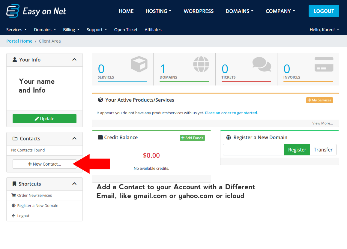 Easy on Net customer portal home screen showing the Contacts section and New Contact button