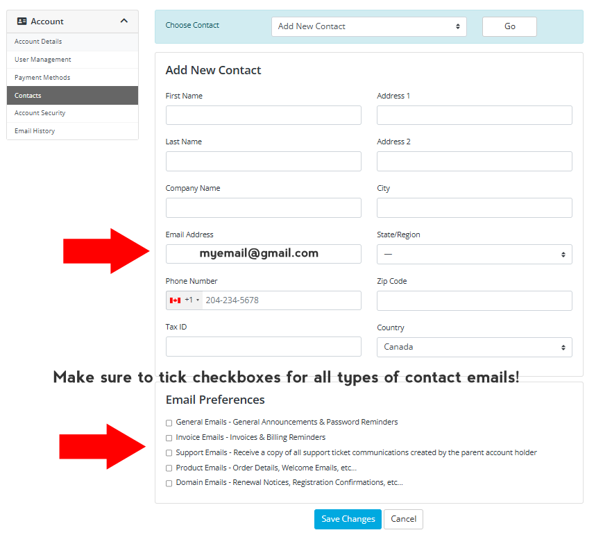 Add New Contact form in the Easy on Net customer portal