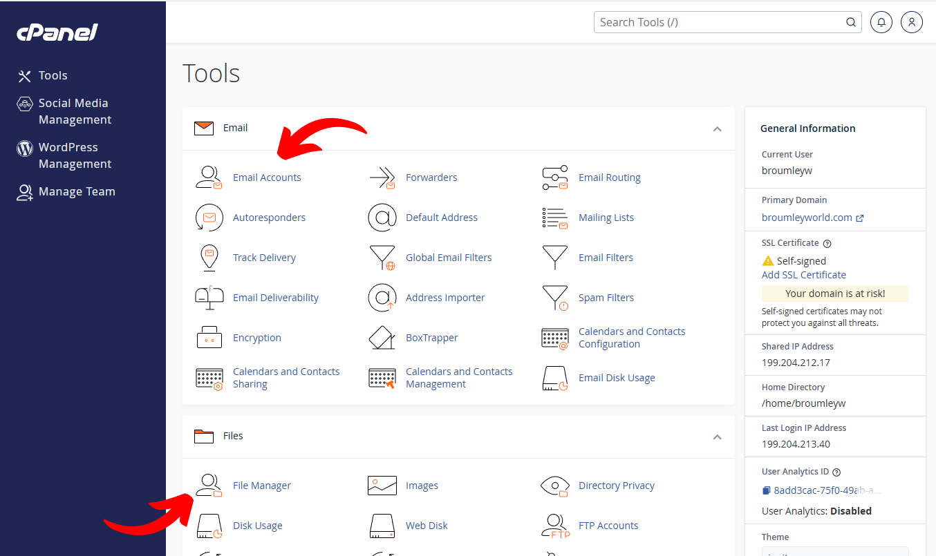 Home page of the Cpanel Control Panel