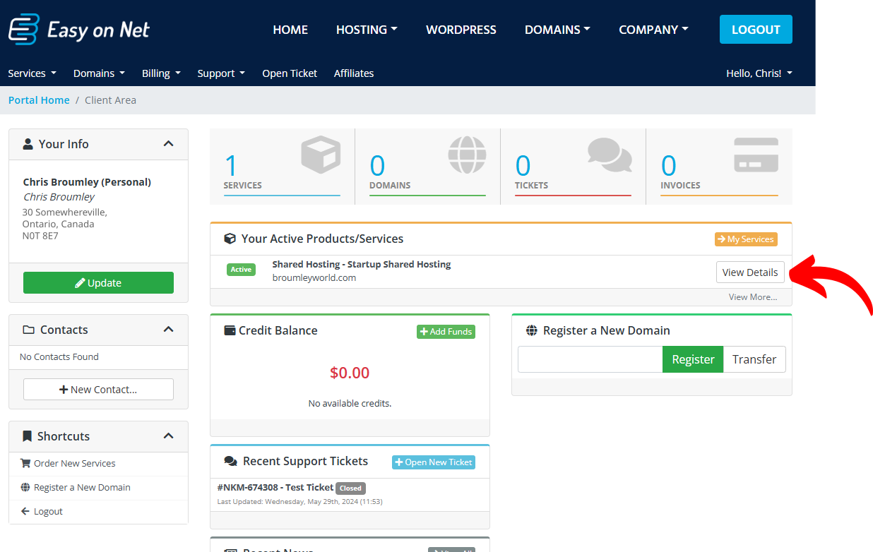 Customer portal dashboard showing services list