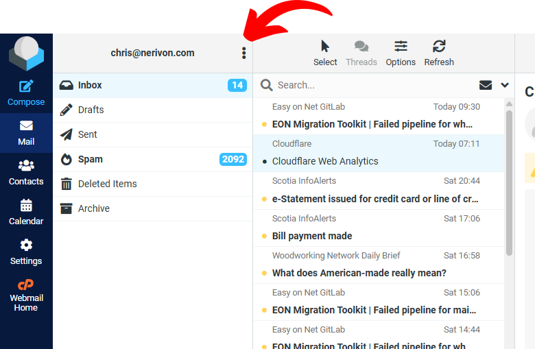 Roundcube menu showing the Manage folders option
