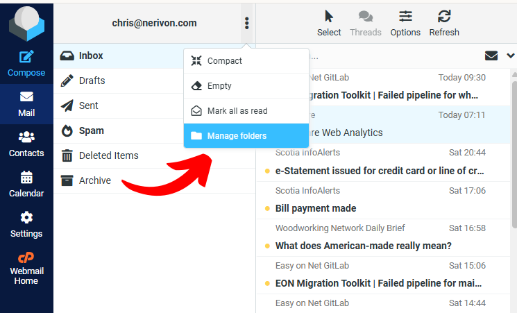 Roundcube folder settings showing folder visibility toggles